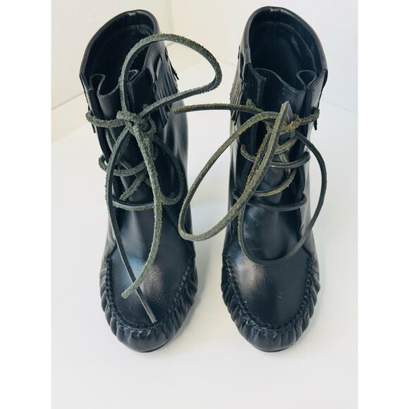 Tom Ford Black Leather Fringe Lace-Up Ankle Boots Size 35.5 Block Heel Booties - Picture 10 of 10